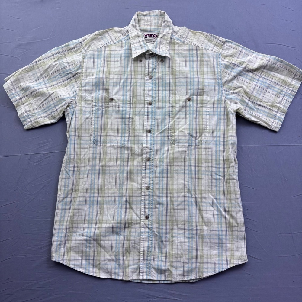 Vtg Wrangler Rugged Wear Mens L Blue‎ Green Plaid Short Sleeve Button Down Shirt